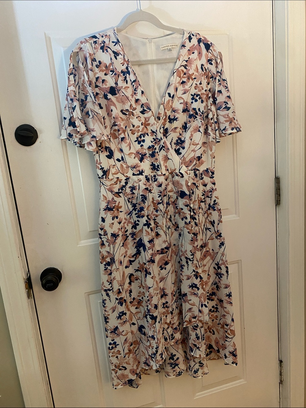 Sandra Darren Cream Floral Midi Dress with Navy and Blush Accents